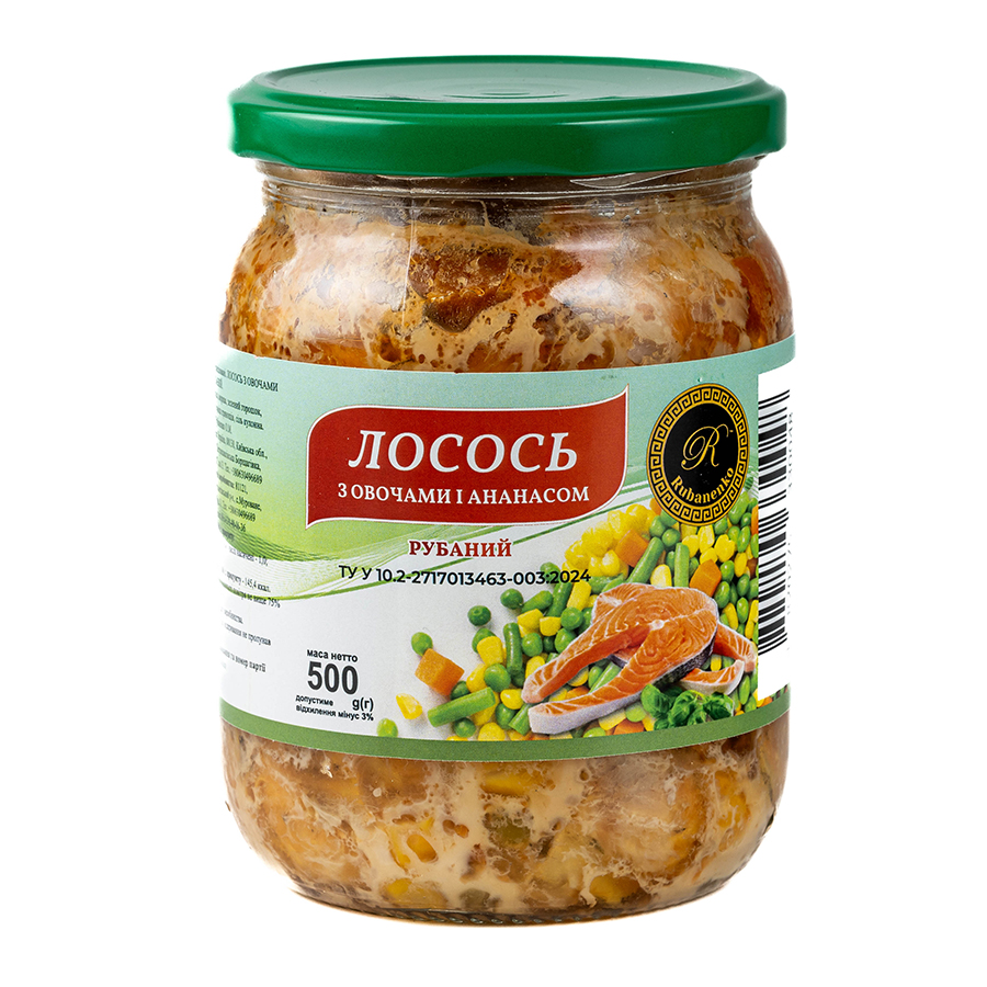 Лосось з овочами і ананасом у власному соку 500г